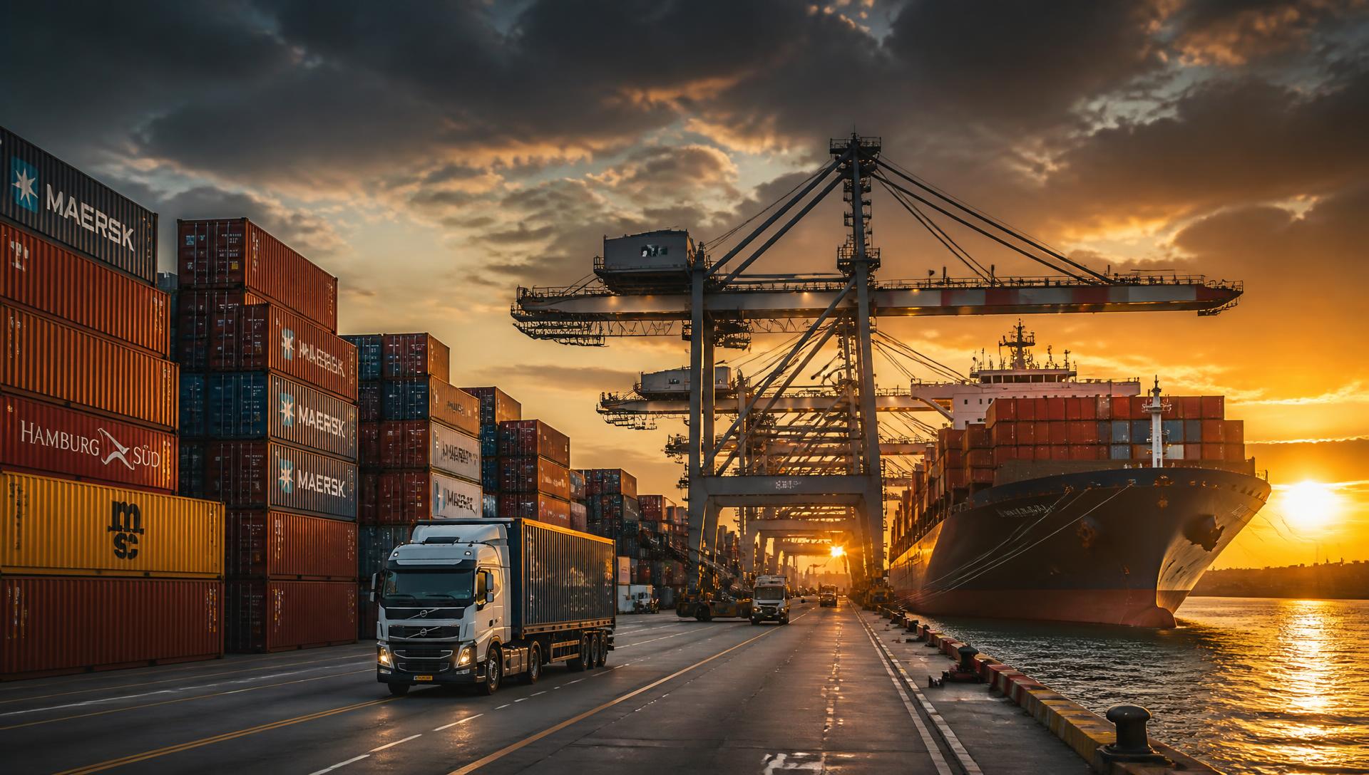 Container terminal at sunset with cargo ship and gantry cranes