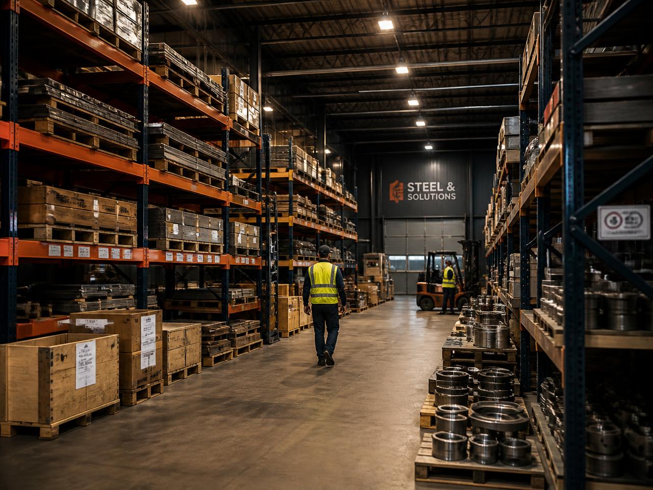Organised industrial warehouse with racked materials and staff